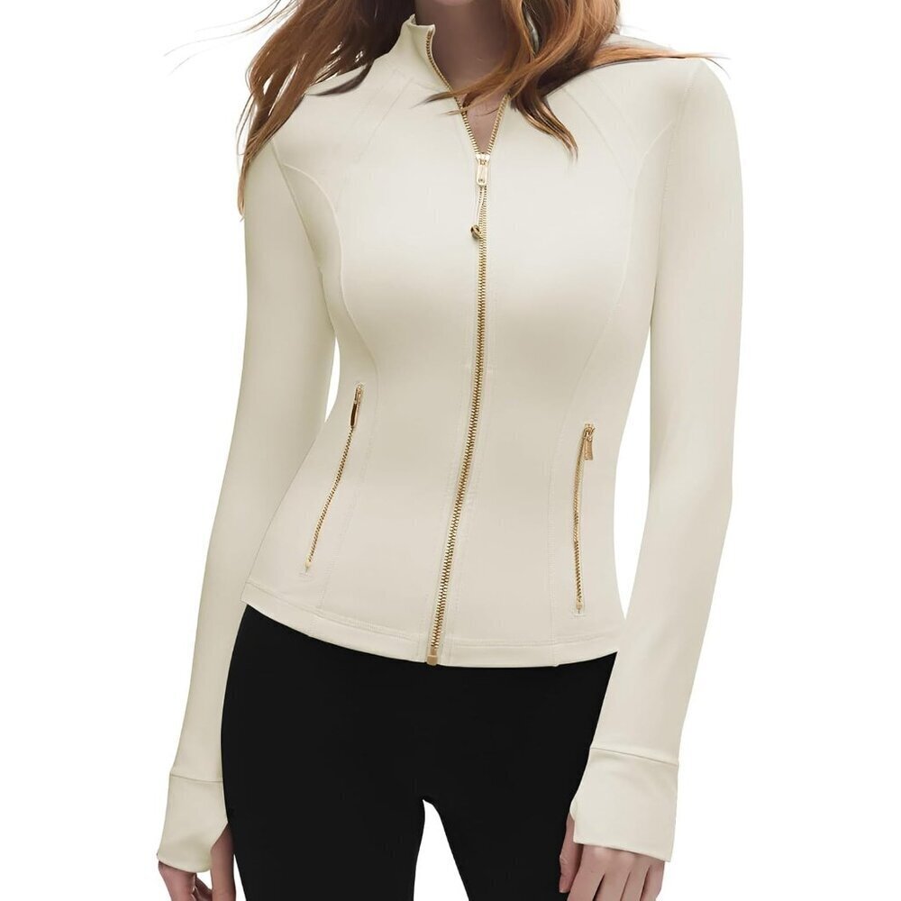 Women Golden Full Zip Workout Cropped Jacket Nylon Elastane Athletic Yoga